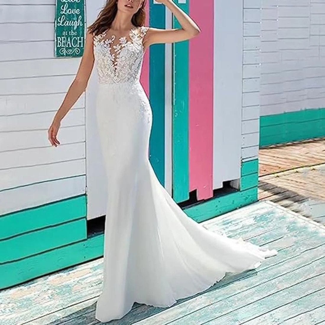 New Arrival Chiffon Courtyard Train Wedding Dress with O-Neckline for Mermaid Style customized