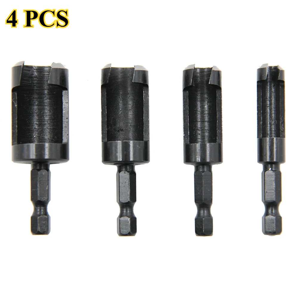 4pcs Hexagonal Handle Black Cylindrical Wooden Plug Drill round Wood Extraction Drill Bit Set Wooden Board Reaming Tool