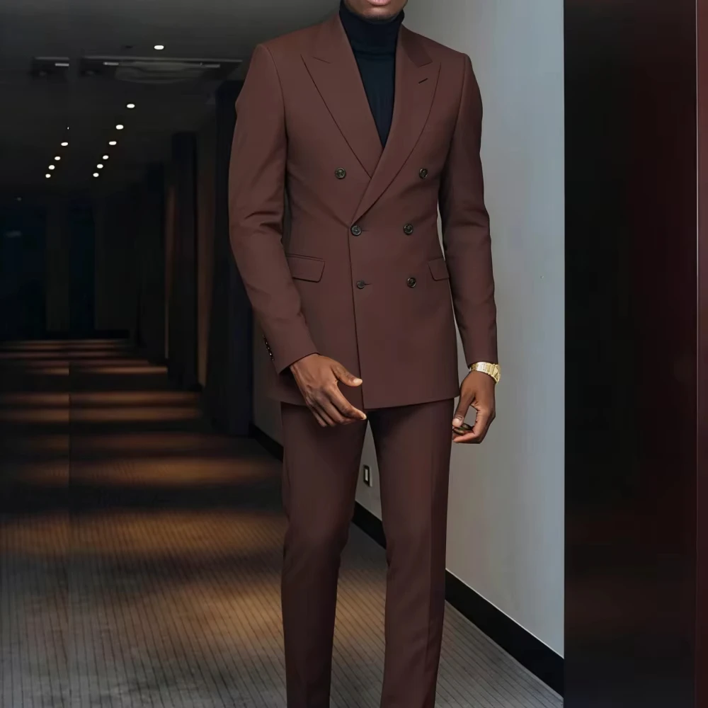 

Коричневый мужской костюм-двойка с заостренными лацканами, двубортный смокинг для повседневной носки, выпускного вечера, свадьбы, пиджак для повседневной носки