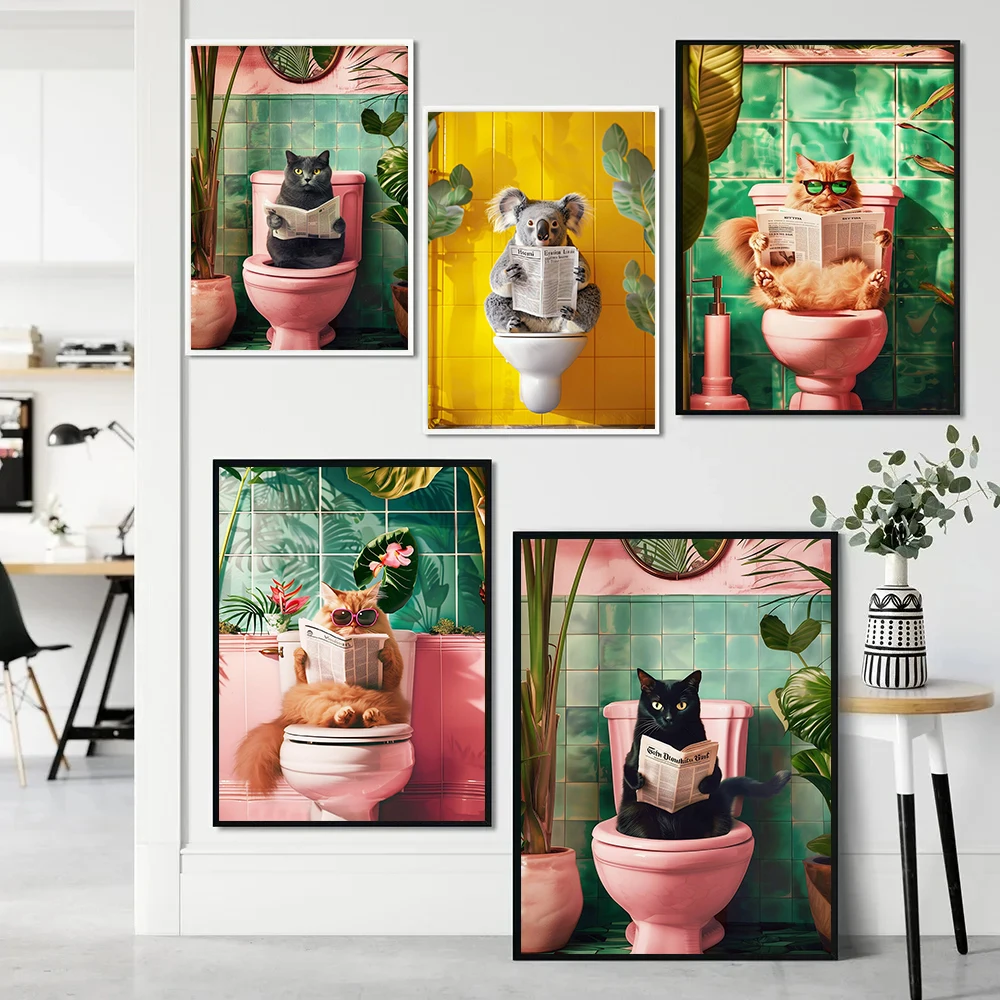 Trendy Bathroom Cat Pooping Reading in The Toilet Animal Canvas Painting Wall Art Print Bathroom Home WC Decor