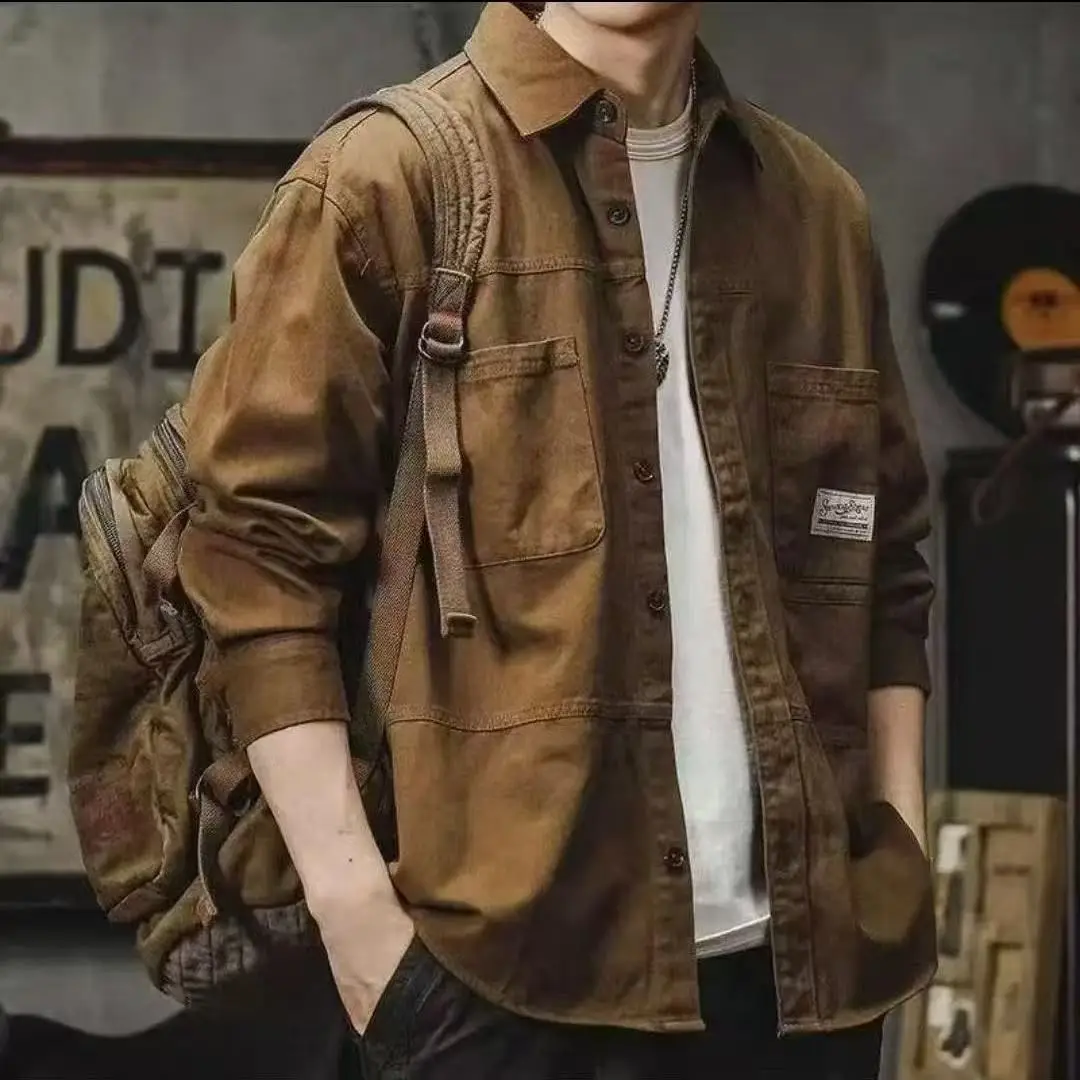 

Мужская модная повседневная рубашка с длинным рукавом, воротником-стойкой, свободного кроя, осенняя новинка, в стиле рабочей одежды, ретро, в японском стиле, универсальная.