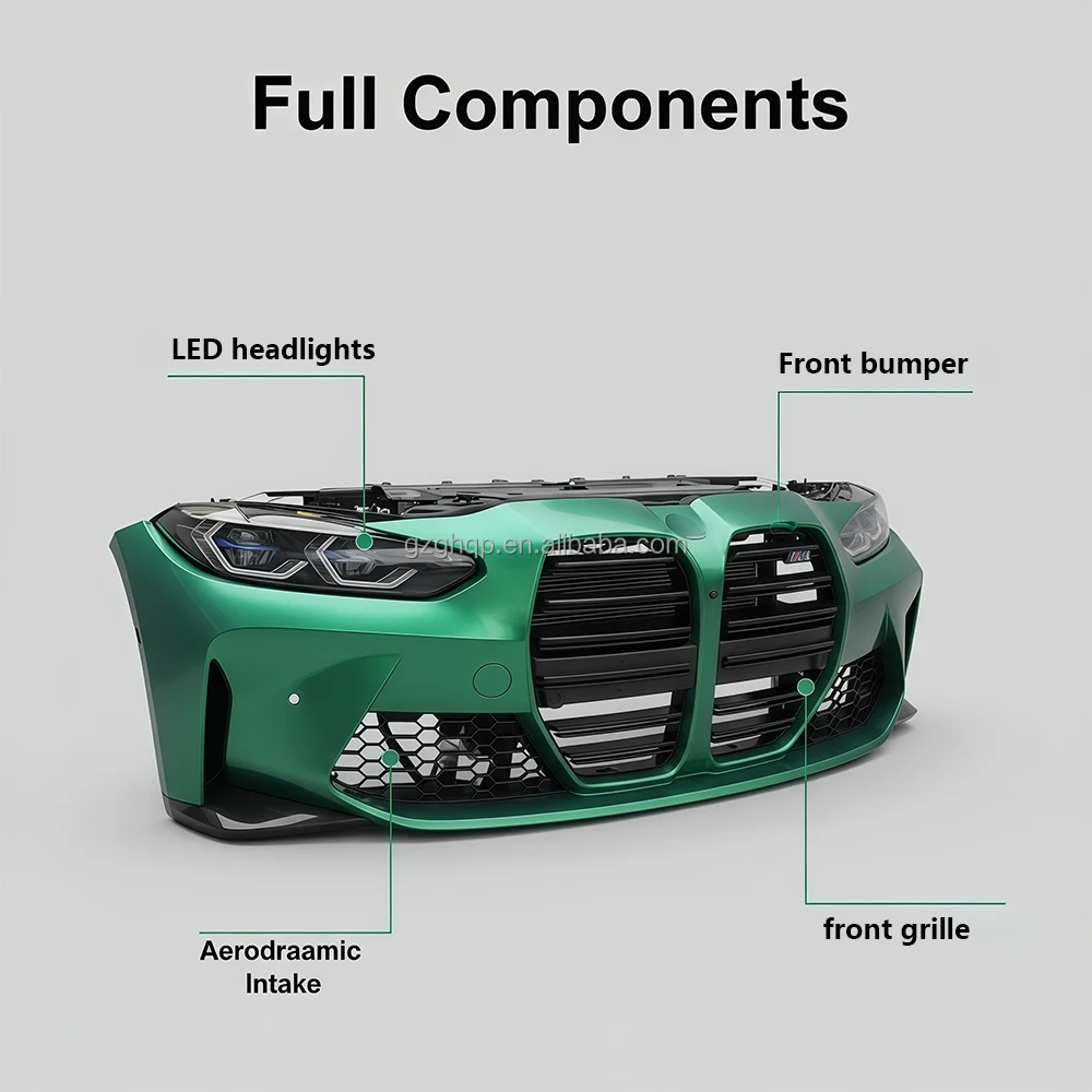 Genuine Automotive Parts Front Bumper Kit for M3 M4 G80 G82, Including Grille, Headlights, Radiator Frame, and Body Kit.