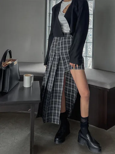 

Chic Retro Versatile Asymmetric Design High Waist Slimming Plaid Pleated Midi Skirt Women's Long Skirts Faionable Commute