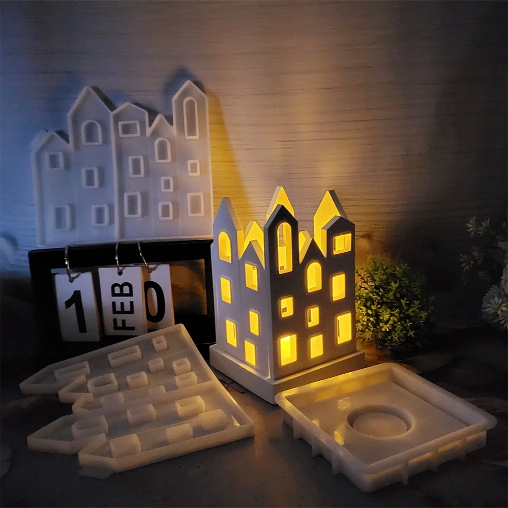 Multiple Windows House Cement Concrete Molds DIY Projection Houses Lamp Box Candle Holder Gypsum Plaster Mould Craft Resin Mold