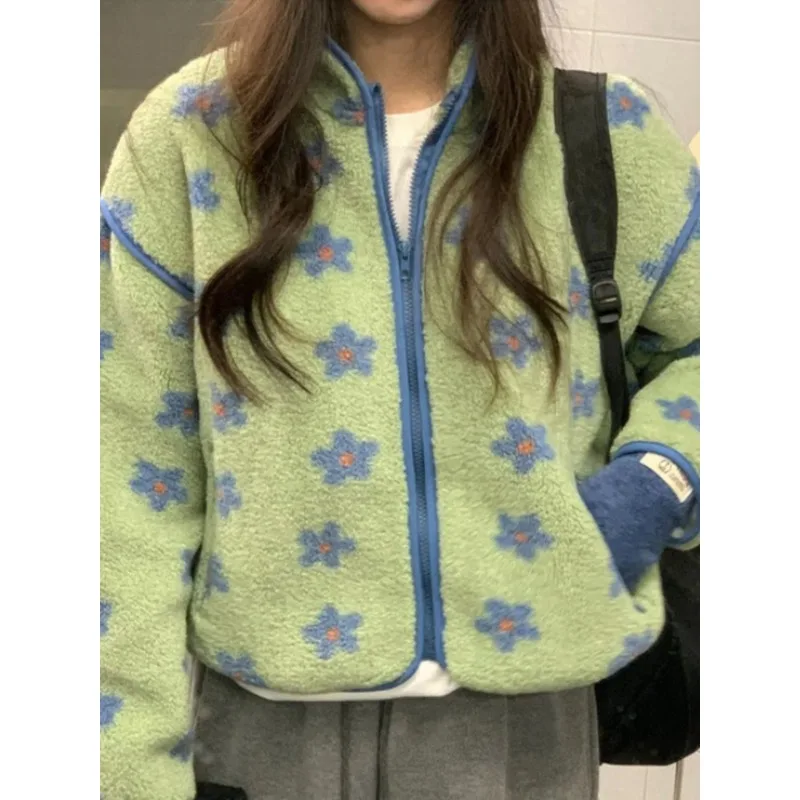 

Warm Lamb Fur Vest Blue Flower Pattern Vintage Sle Women's Winter Outerwear Korean Sle Loose Fit Long Sve Zipper Closure