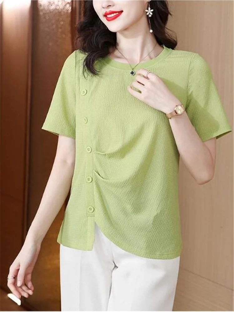 

Short Sleeve T-shirt Knit Top For Women Summer Women's Tees Asymmetric Blouses Round Neck Button Jumpper Top Grace Knited Tshirt