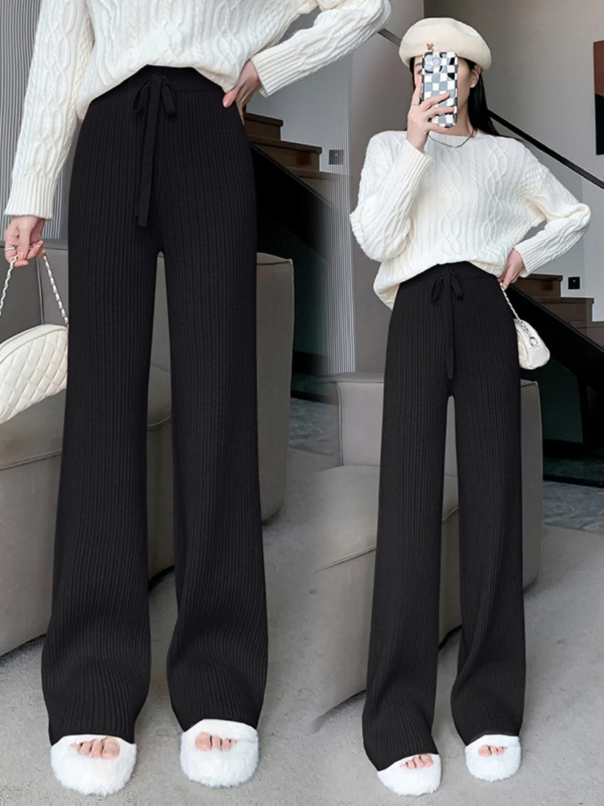 

2024 Women's Spring Autumn Fashion Solid Color Knitted Trousers Female High Waist Loose Pant Ladies Long Wide-leg Pants E66