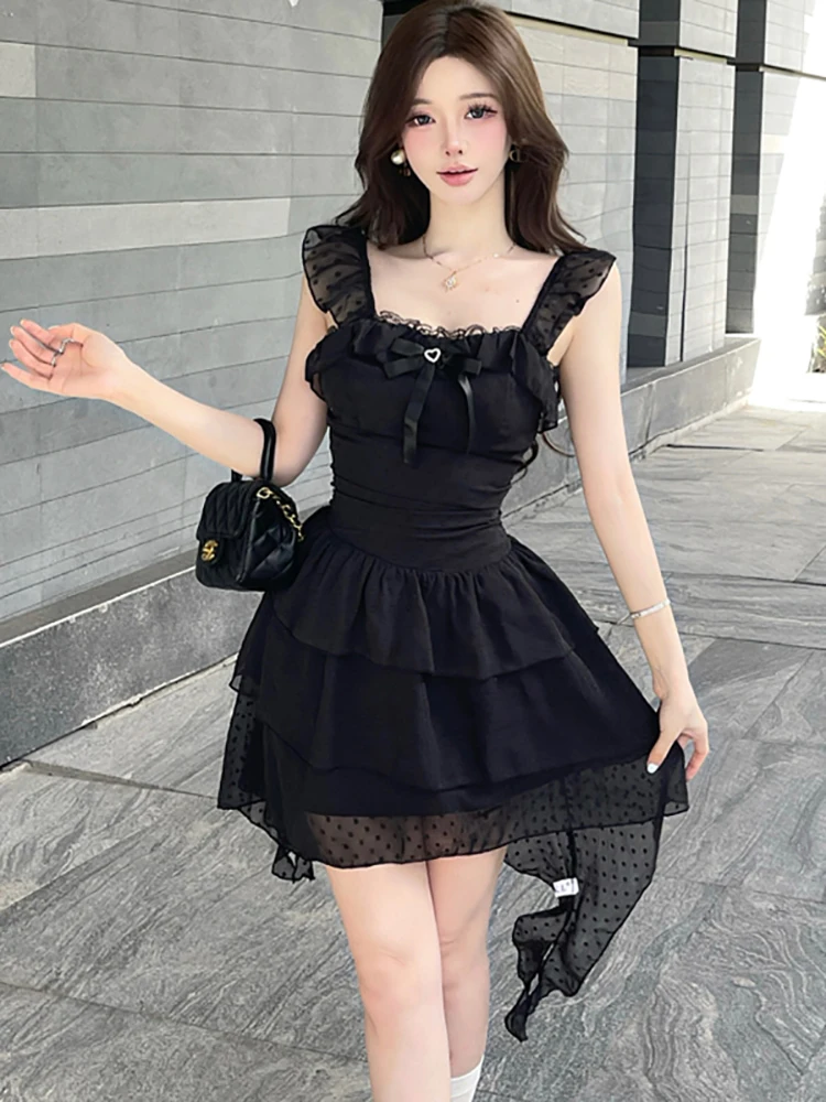 Feminino coreano vintage bodycon lolita estilo vestido de verão preto arco renda chique malha estilingue vestido sexy 2025 elegante vestido de festa causal