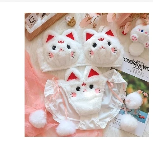 

Winter lolita cute plush underwear embroidery cartoon big cat paw LOVE lingerie with panty suit women non-steel ring bra set