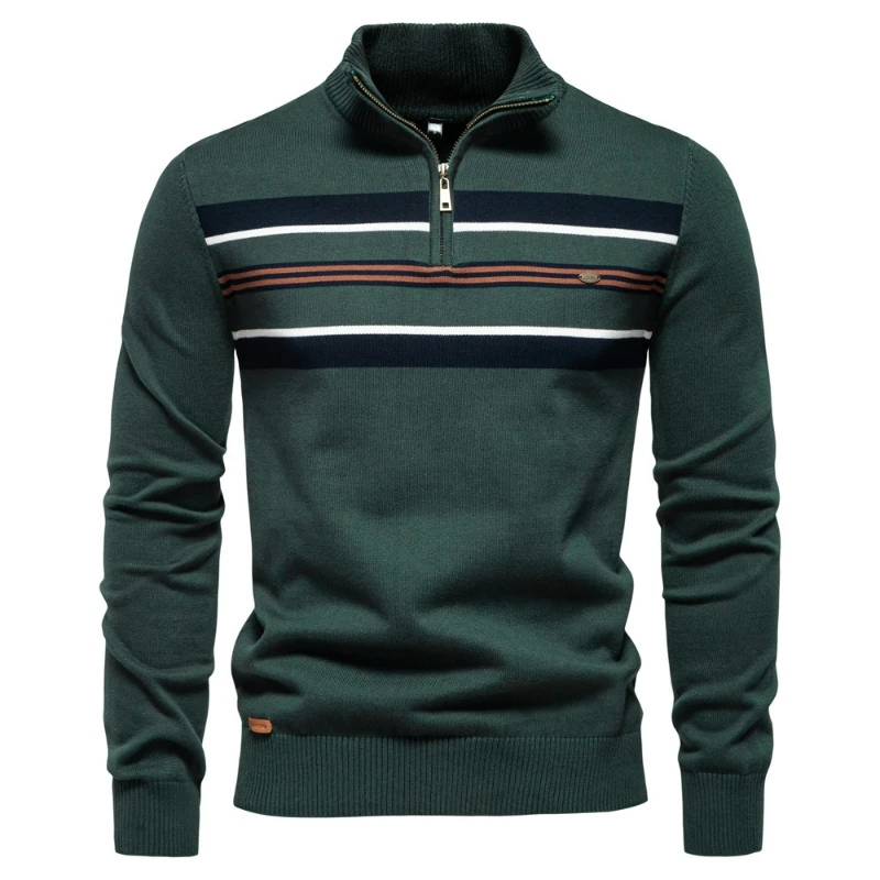 

Pullovers Men Striped Half Zipper Stand Collar Long Sleeve Slim Fit Polo Sweaters Casual Regular Knit Splice Autumn Winter