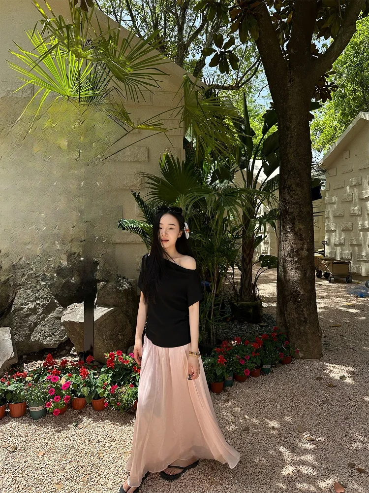 

Pink Flowing Fairy Skirt Studio Mid-Length Women's Summer Glimmering Drifting Skirts Ele Versatile High Waist A-Line Skirts