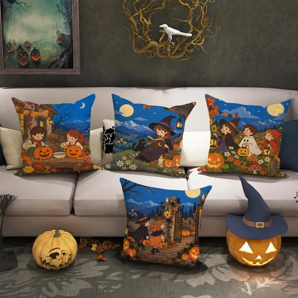 Moonlit Pumpkin Halloween Gift Cushion Cover Halloween Rustic Throw Pillow Covers, Cute Ghost Pumpkin Maple Leaf Cushion Covers
