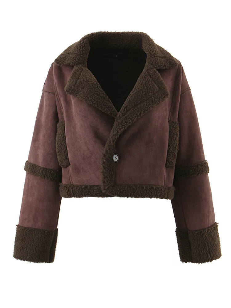 2022 Women Lapel One Button Full Sleeve Furry Warm Jacket Outerwear Autumn Winter Vintage Suede Lamb Teddy Coat Coffee