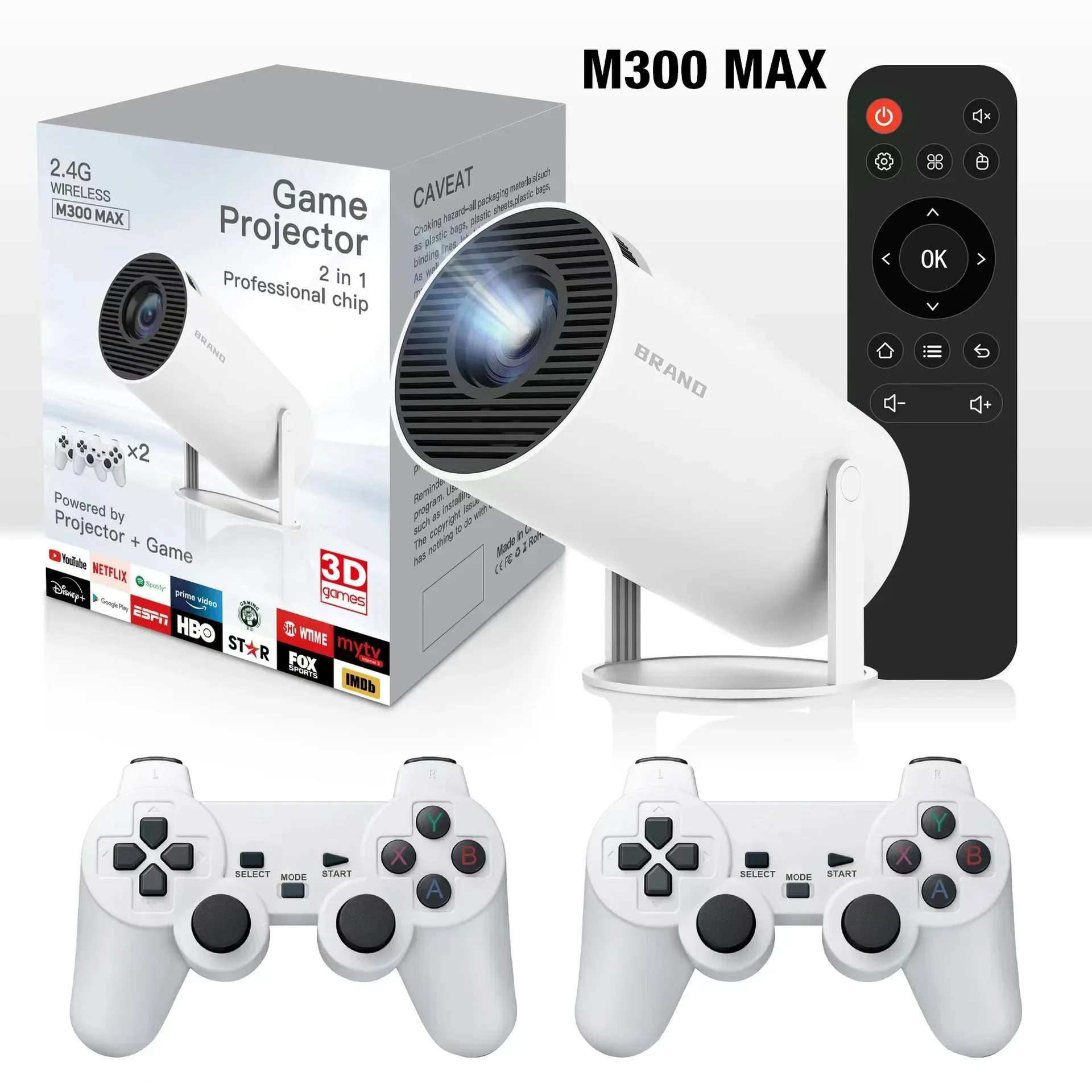 NEW M300 MAX Retro game consoles Android 11 Portable 3D game Projector with Two Handle RK3326 1080p BT5.4 4K Smart Home Theater