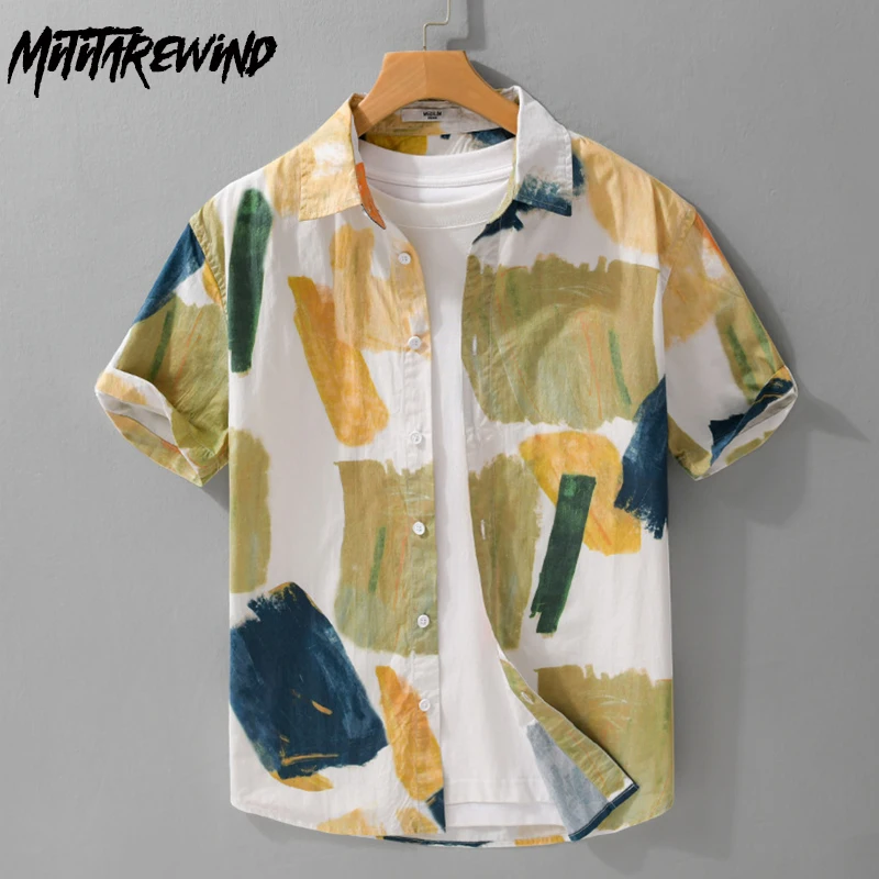 Summer New in Shirts Man Holiday Beach Hawaii Shirt Men Short Sleeve Patchwork Printed Shirt Youth Cotton Tops Fashion Clothing
