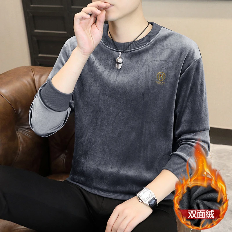 Winter Velvet Warm Velvet Sweatshirts Men's Double Layered Thick Men's Base Shirt Round Neck Casual Business Pullover Hoodie