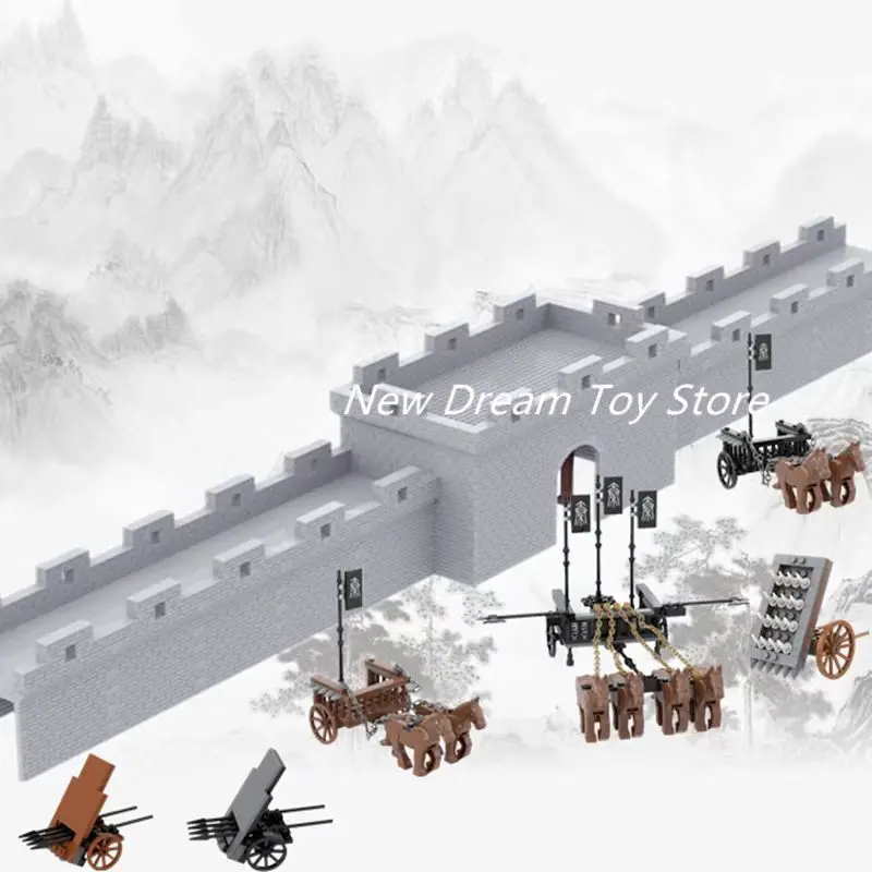 Medieval MOC Ancient China Chariot Carriage Large City Wall Soldier Battle Scene Building Blocks Assembly Set Kids Toys Gift