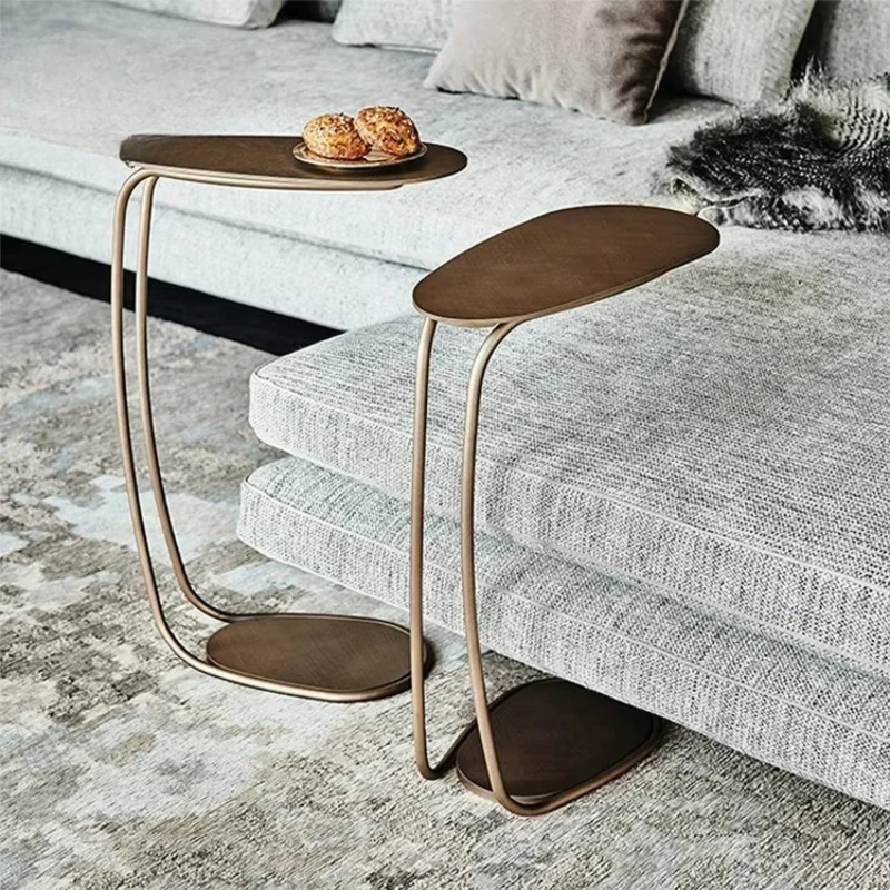 

Modern style villa living room golden sofa small side table set, hotel restaurant metal frame C-shaped corner table furniture