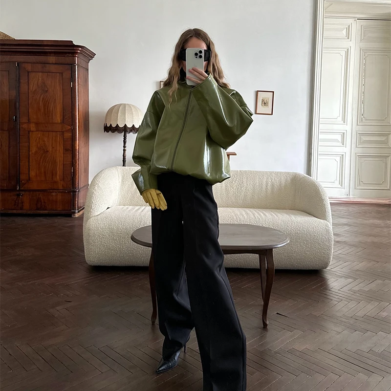 

Fashion Green Short Leather Jacket Women Loose Stand Neck Coat Strapless Slim Fit Leather Dress 2025 New Lady Autumn Ooutfits