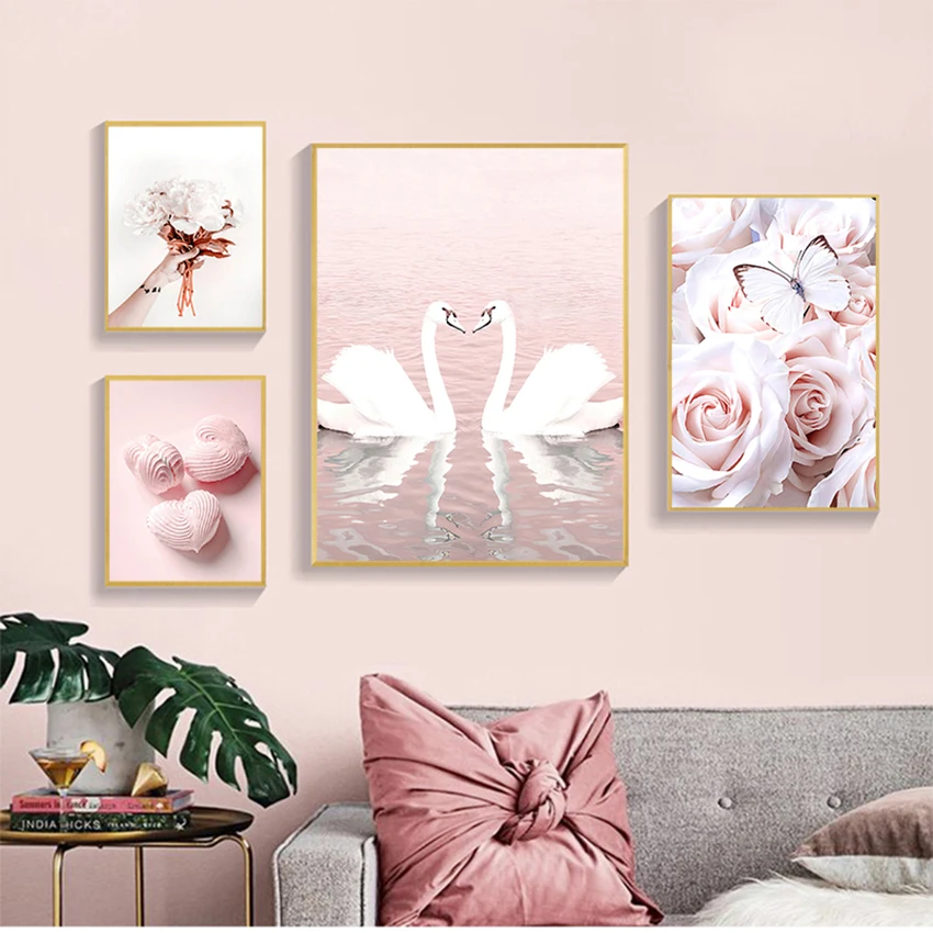 Posters And Prints Wall Pictures For Living Room Decor Pink Rose Butterfly Flower Swan Line Art Wall Art Canvas Painting Nordic