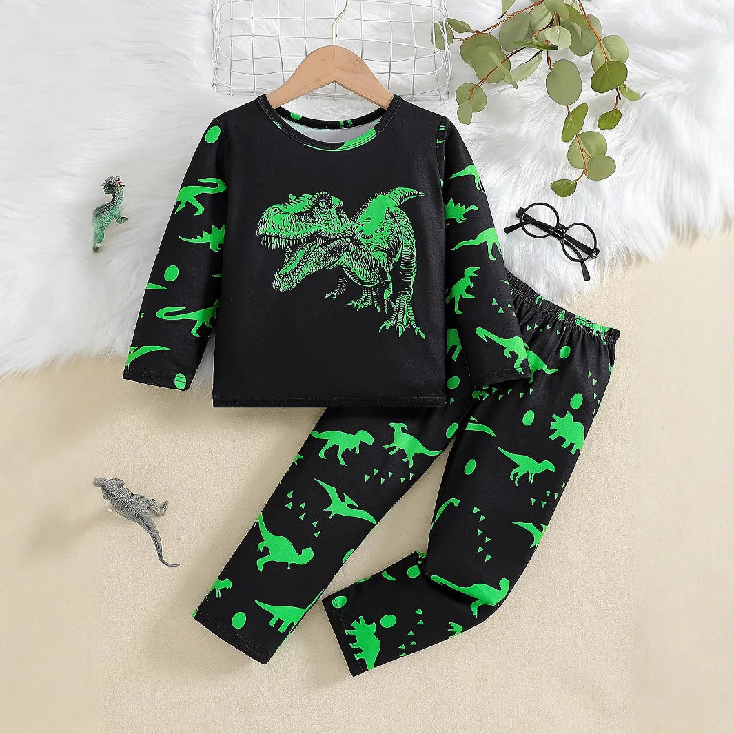 Spring and Autumn Boys' New Dinosaur Printed Long Sleeved Pants Fashion and Simple Fluorescent Two Piece Set for 2-7 Years