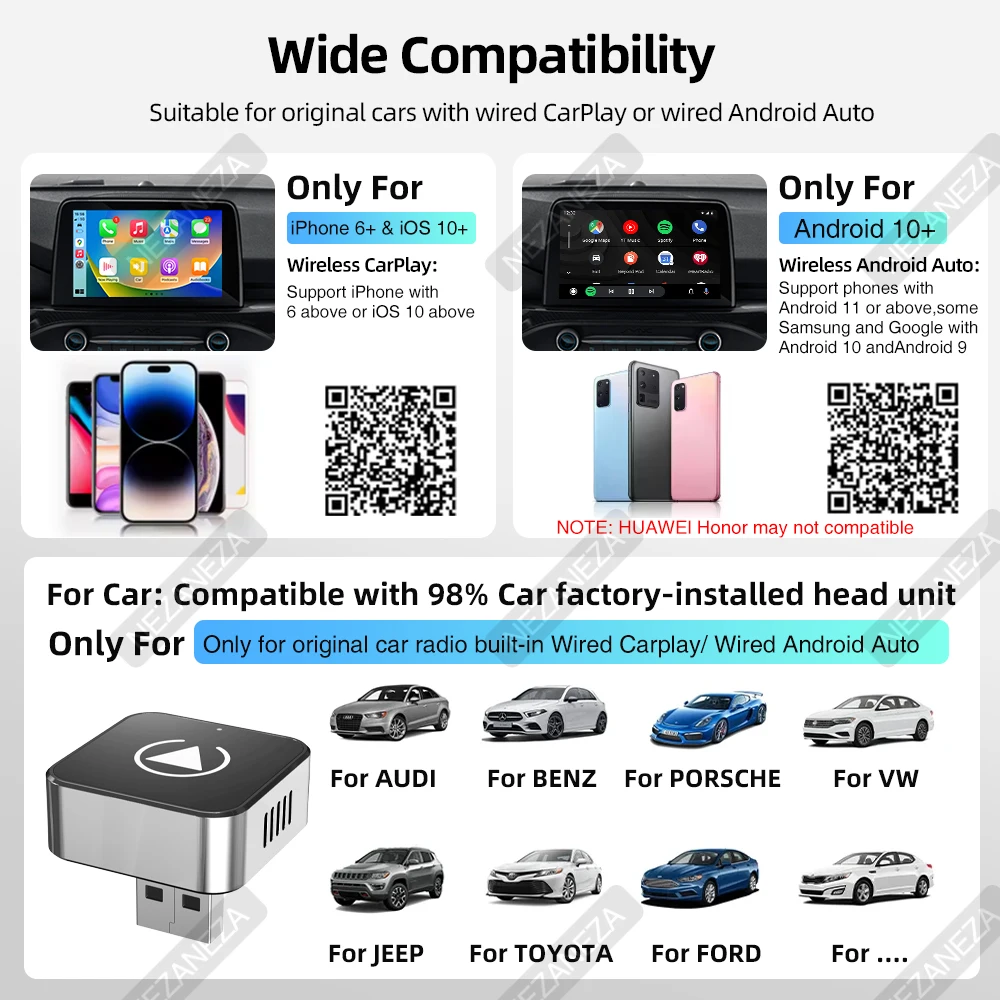 Adaptateur CarPlay 2 en 1 filaire vers sans fil CarPlay Android Auto BT Wifi Plug and Play OTA mise à niveau universelle ABS/alliage Dongle de voiture