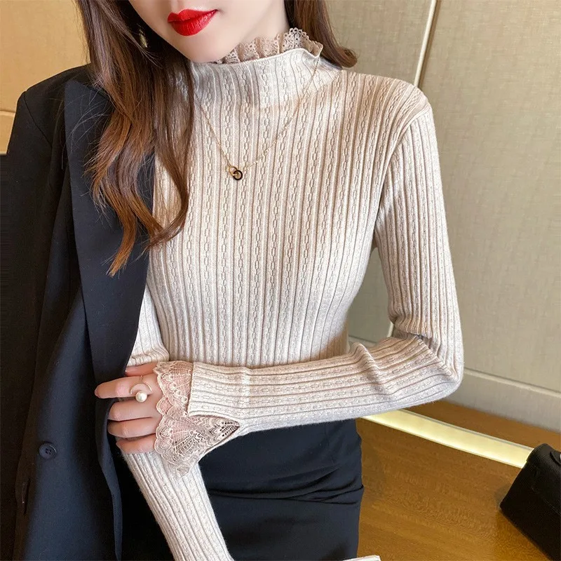 Lace Solid Basic Knitted Women Tops Turtlneck Sweater Long Sleeve Slim Casual Pullover Korean Fashion Simple Chic Clothes