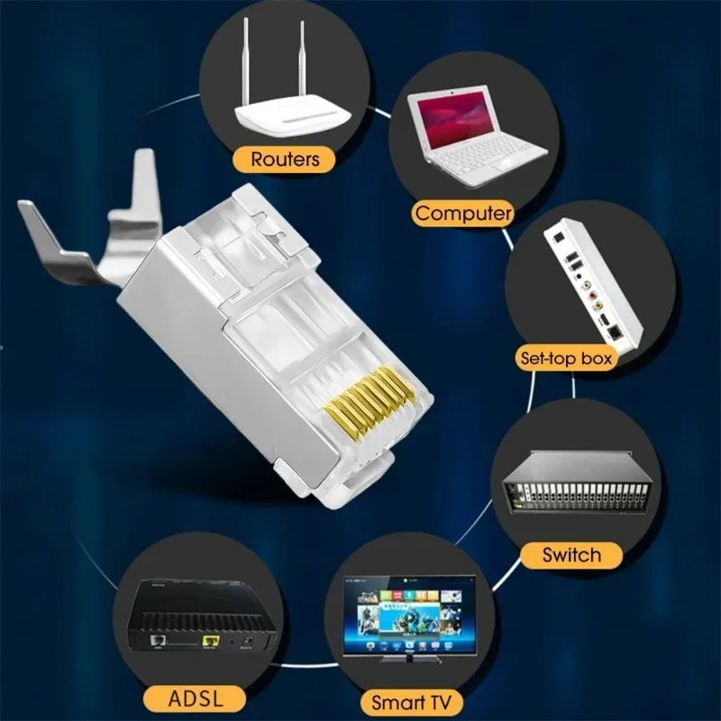 RJ45 Shielded Connector CAT7 CAT6 CAT5 Pass Through Hole Modular Plugs Network Gold Plated Ethernet Cable End Network 8P8C Crimp