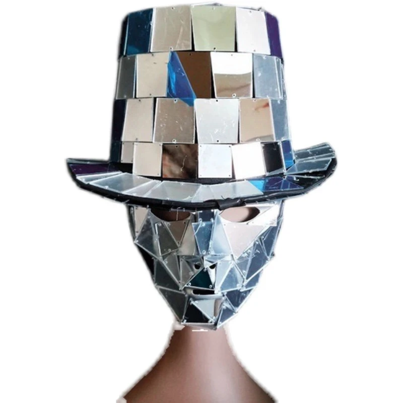 

Handmade custom Mirror Hat mask Costume silver lens headdress performance prop Party show