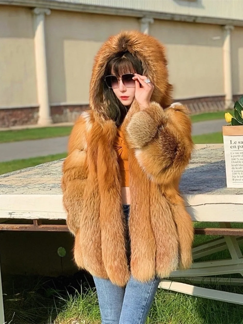 Real Red Fox Fur Jacket with Hood for Women, Hooded Silver Fox Fur Coat, Long Sleeves, Plus Size, Winter, Luxury