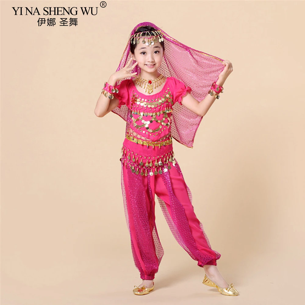 Nuevos trajes de danza del vientre para niños, conjunto de 5 uds (Top + Pantalones + cadena de cintura + pulsera + tocado), trajes de Bollywood para danza del vientre de la India para niños