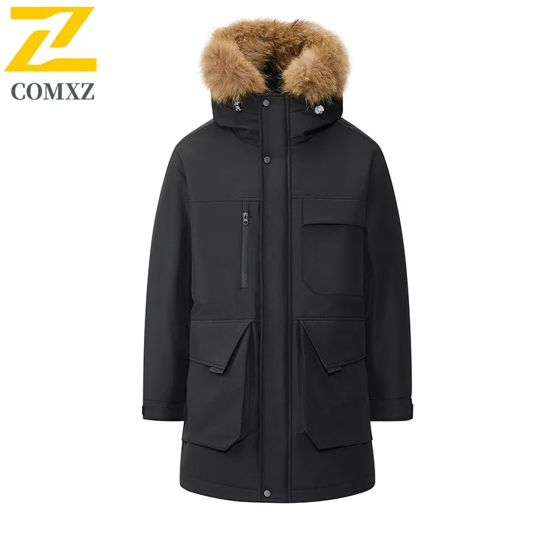 COMXZ Piumino da uomo Nuovo collo in pelliccia Cappuccio da neve Addensare Piumino caldo 90 per cento Piumino d'anatra bianco Giacca a vento autunnale antivento