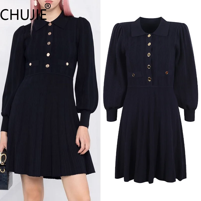 

CHUJIE Fall 2025 Women's French Vintage Dress, Puff Sleeve Button Front Knit Dress, Slim Fit Retro Style