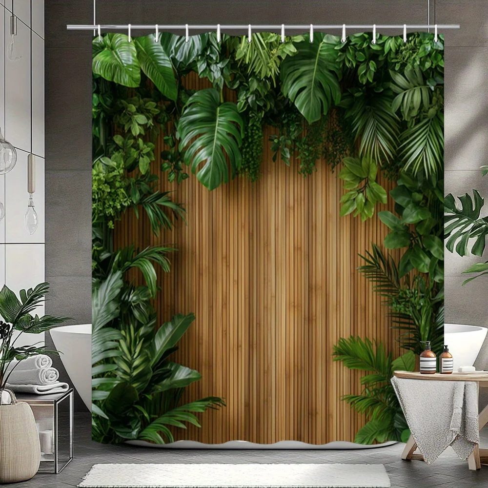 1pc 2D Flat Jungle Shower Curtain Monstera Ferns Palm Fronds Green Foliage Bathroom Decor 12 Hooks 70.8x70.8 Inches