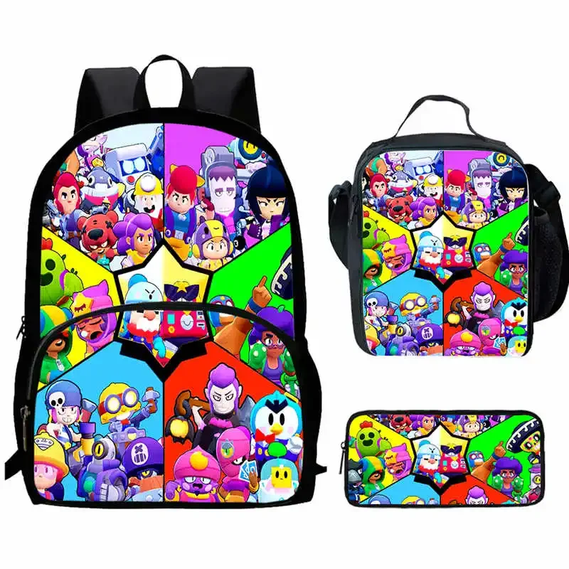 Cartoon B-rawl Child Backpack with Front Pocket,Lunch Bags,Pencil Bags for Aged 5-10,Cartoon Stars School Bags for Boys Girls