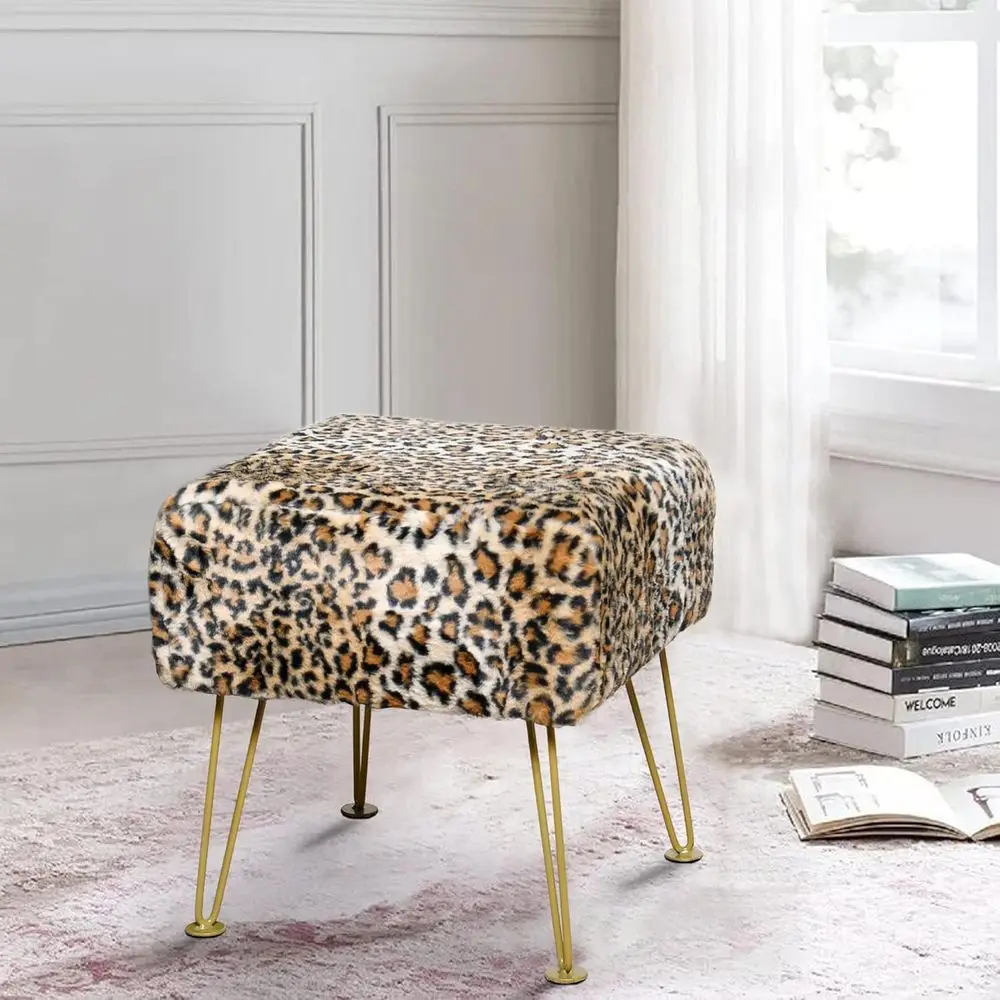 

Leopard Print Square Ottoman 17"x17"x17" aux ur Entryway Bench ootrest Stool Accent Seating Cheetah urry Ottoman Bedroom Vanity