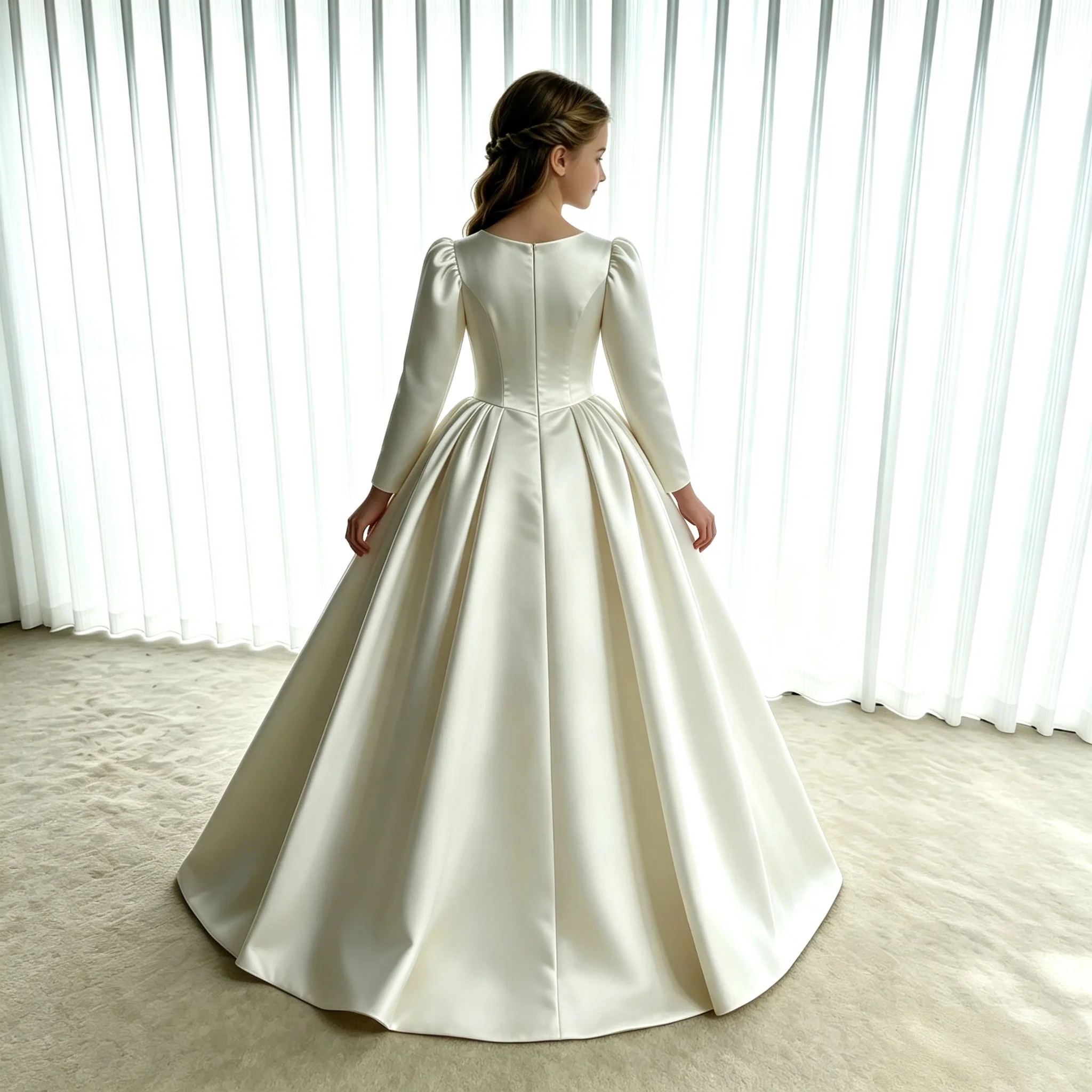 Girls First Communion Dress New Long Sleeves Satin Elegant Tail Evening Gown Girls Wedding Party Princess Dress for Juniors