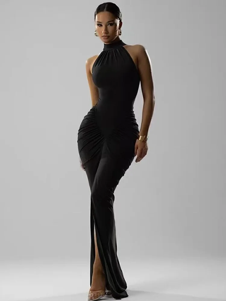 Nova moda sexy fenda sem mangas vestidos longos vermelho preto vestido feminino elegante chique vestido de festa à noite escritório senhora vestido robe