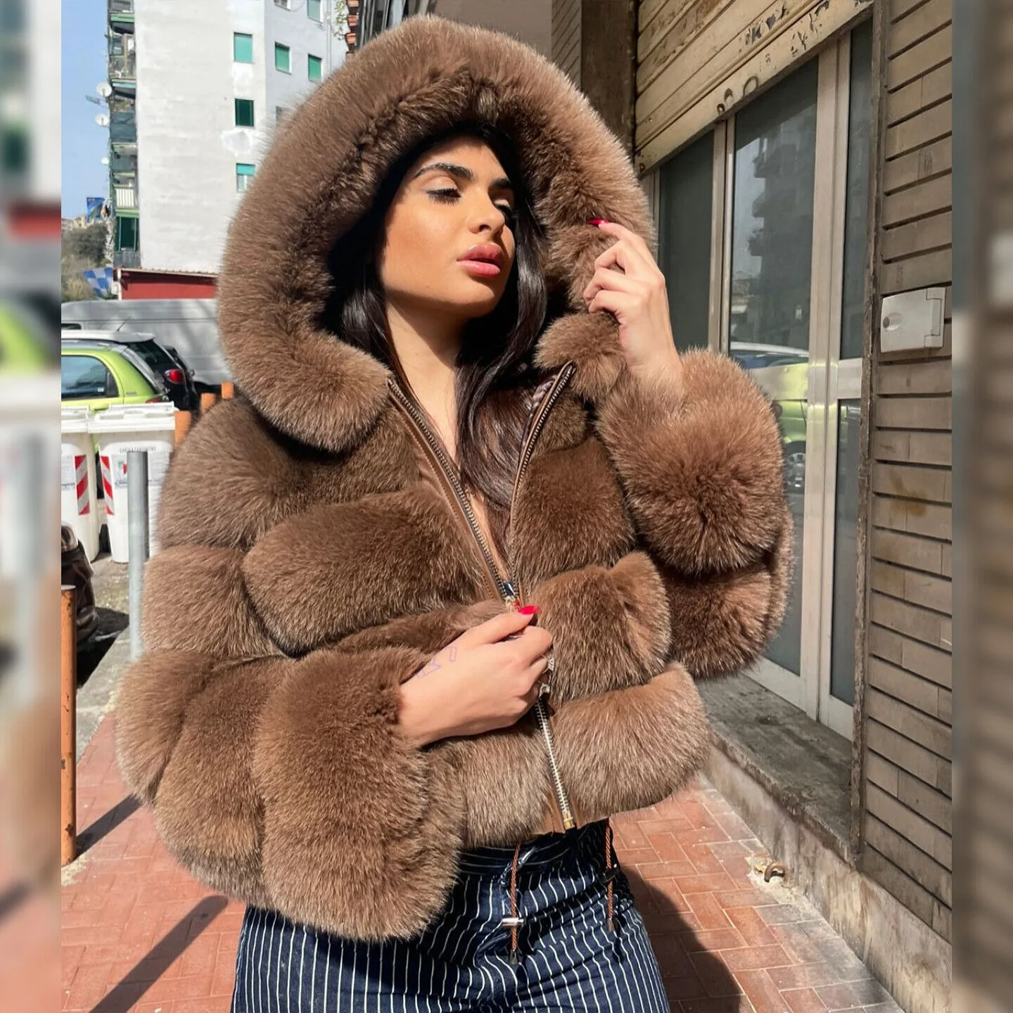 Women Fashion Real Fox Fur Short Jackets Hooded Winter Coats Warm Fur Overcoats thickened fluffy authentic genuine fur coats