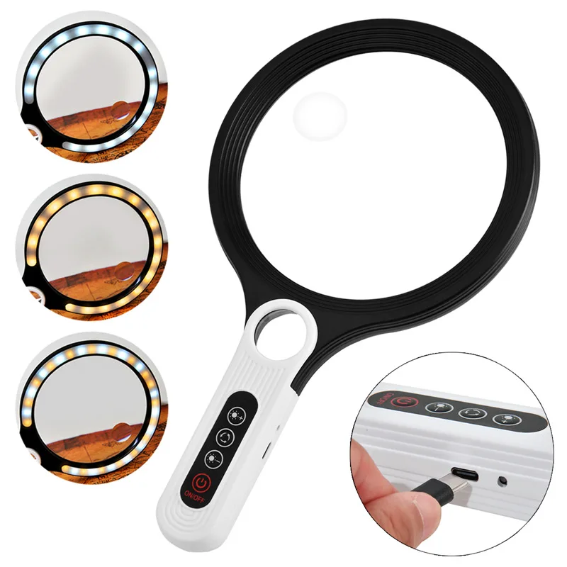 

5-кратная портативная лупа, большая линза 135 мм с двумя объективами, 3-цветная светодиодная лампа, регулируемая яркость для чтения