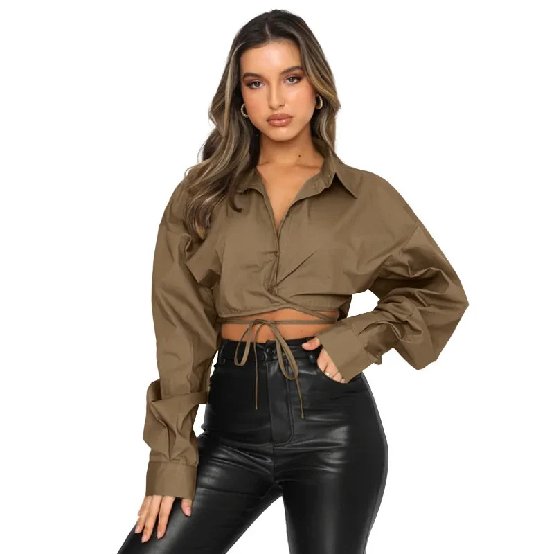 Trend Solid Color Loose Shirts Women Spring Autumn New Fashion Single Breasted Leace-up Short Shirts & Blouses Female Streetwear