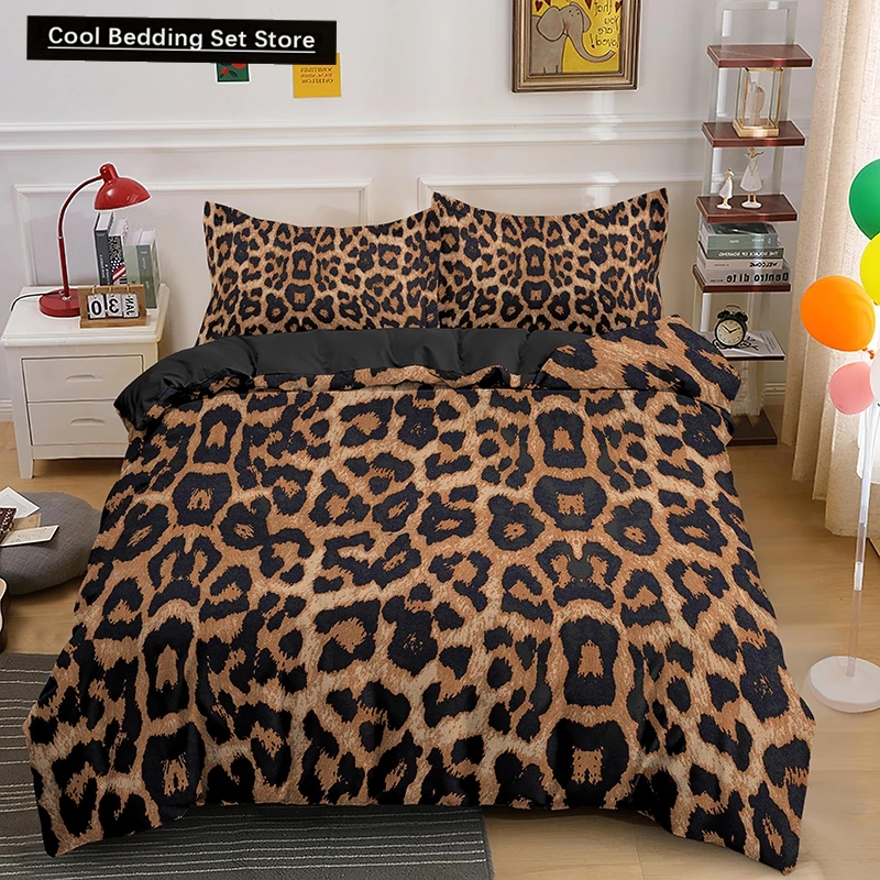 Leopard Print King Queen Duvet Cover Brown Cheetah Skin Pattern Bedding Set for Teens Girl Women Leopard 2/3pcs Soft Quilt Cover