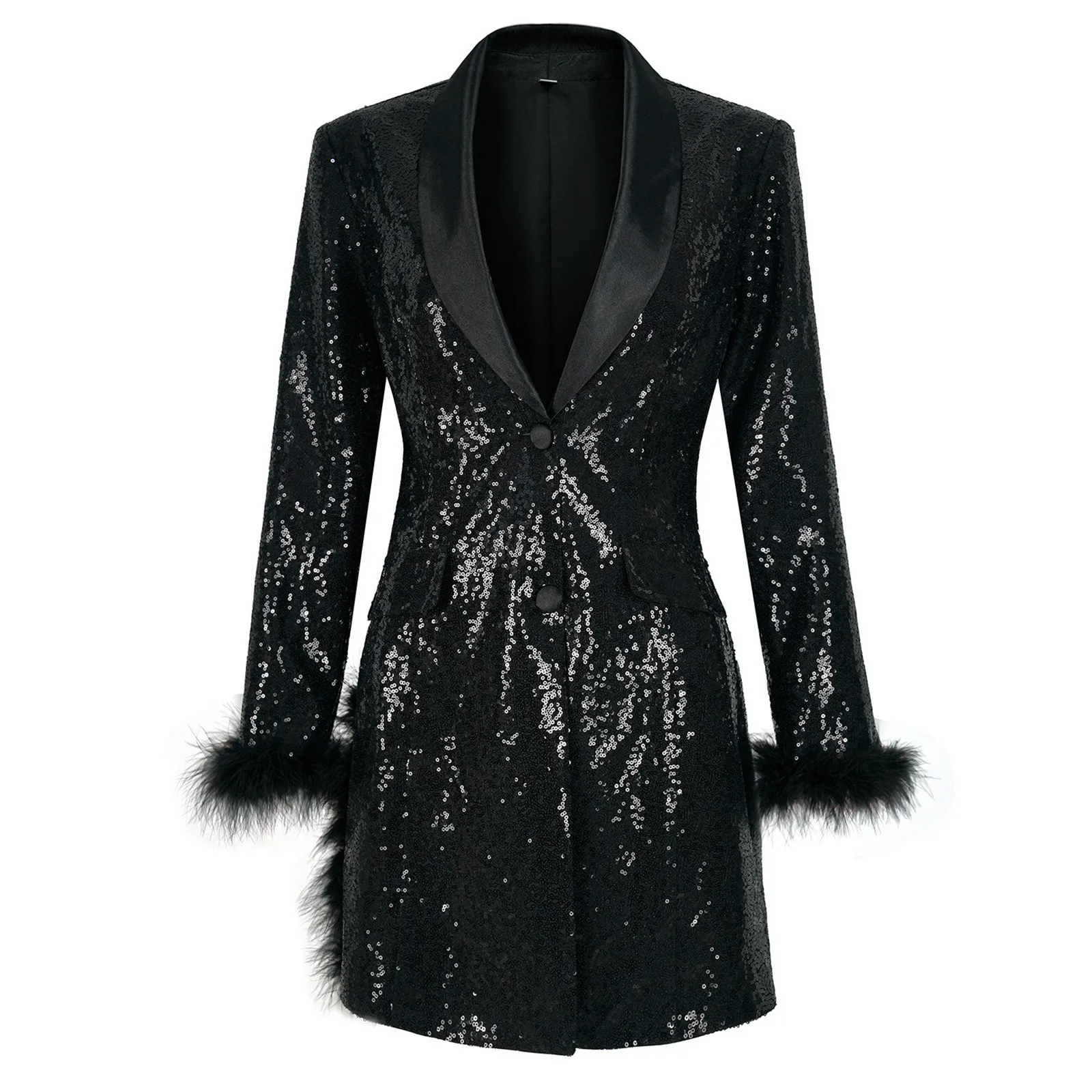 

Women's Fashionable And Sexy Solid Color Deep V Long Sleeved Dress With Button Pockets Sequin Feather Party Suit Blazer Dress