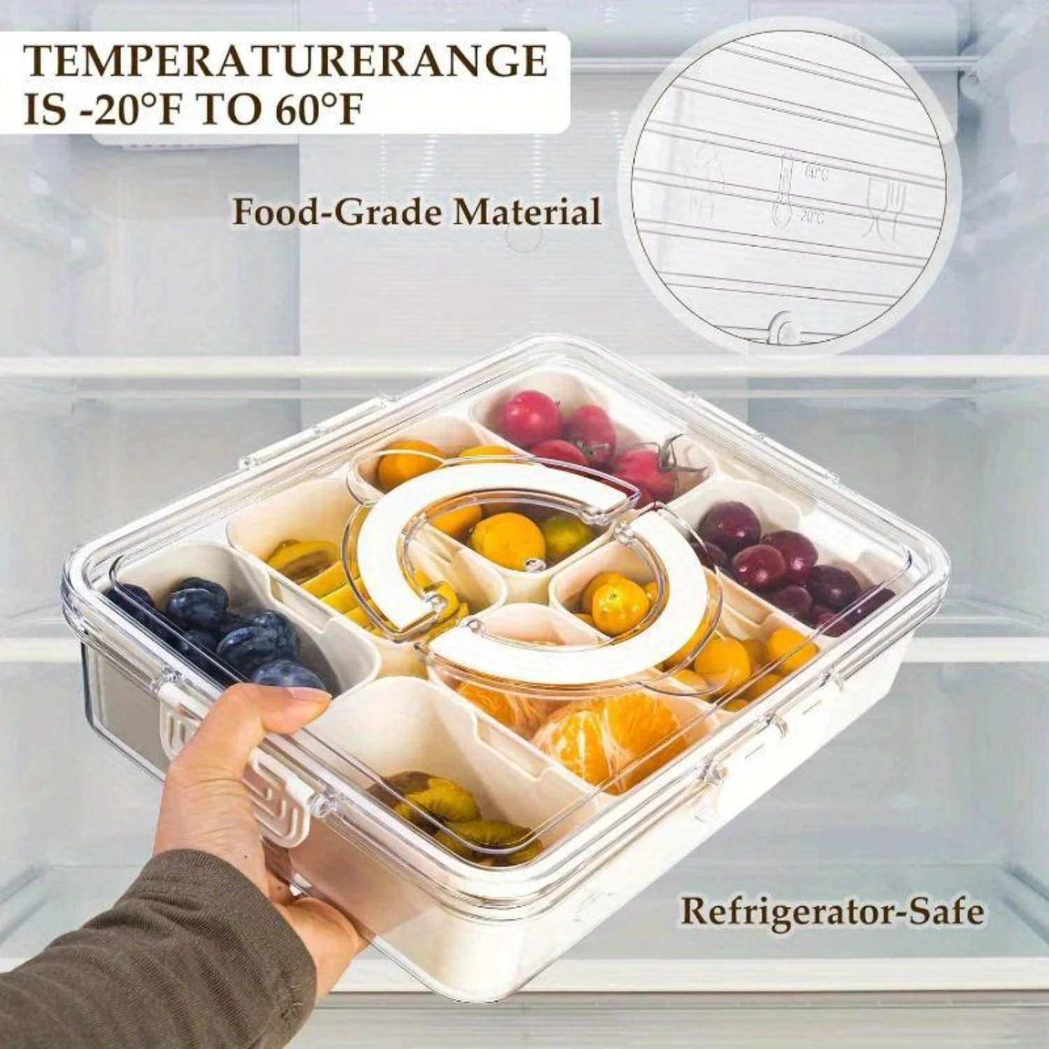 PET Food  Container with Lid - 8-Compartment Divided Serving Tray for Fruits, Nuts, Candies, Biscuits - Refrigerator-Safe Snack 