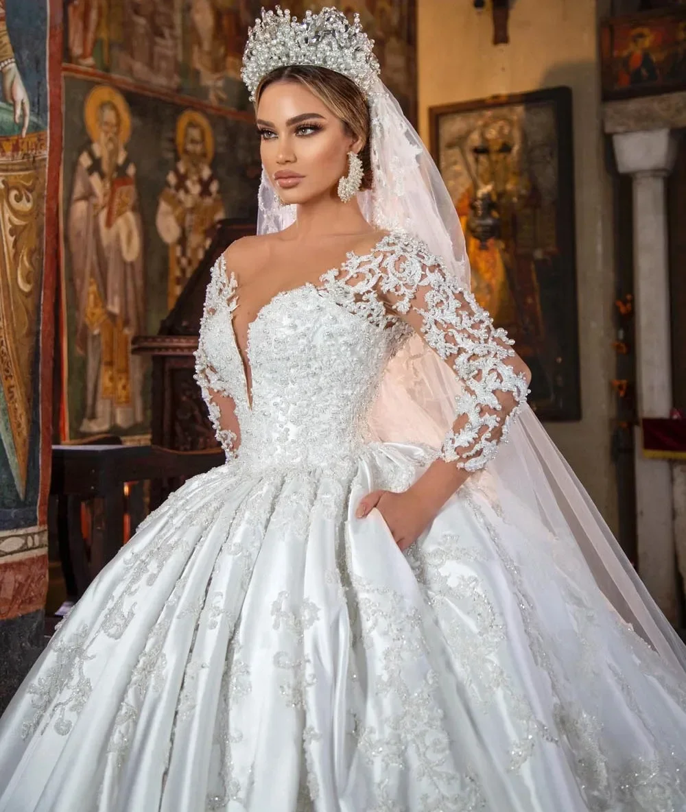 Customized 2025 Luxury Satin Patchwork Pong Princess Wedding Dress Lace Long Sleeve Transparent Collar Arab Dubai Bridal Dress