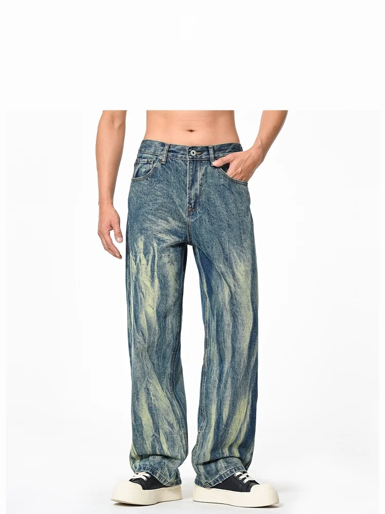 

Американские ретро синие прямые джинсы для мужчин и женщин Свободные широкие длинные брюки Летние окрашенные джинсовые брюки Молодежные повседневные джинсы