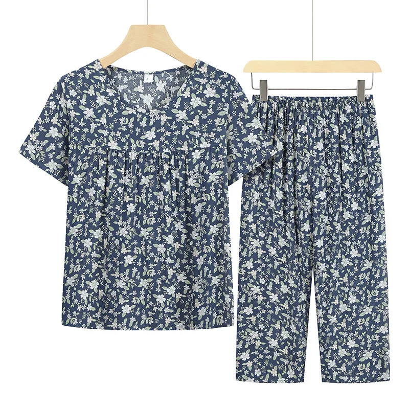 Grandma Short Sleeve Capri Pants Suit Printed Summer Pyjamas Female Cotton Rayon Nightwear Pajamas Set New Women Pijamas 4XL