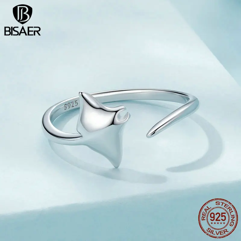 BISAER 925 Sterling Silver Manta Open Ring Simple Fish Band Plated White Gold Adjustable Size 5-9 for Women Party Fine Jewelry