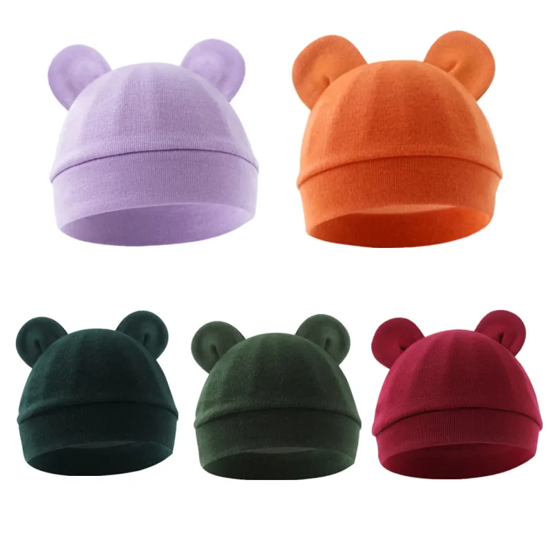 Solid Color Thin Baby Nursery Beanie Cartoon Bear Ear Cotton Newborn Fetal Bonnet For 0-3 Months Baby Hat Baby Accessories