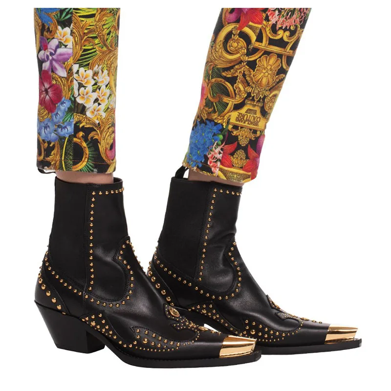Arden Furtado Women's Cowhide Chelsea Boots Square Toe Rivet Detail Mixed Colors Retro Black Chunky Heel Short Slip-On Booties